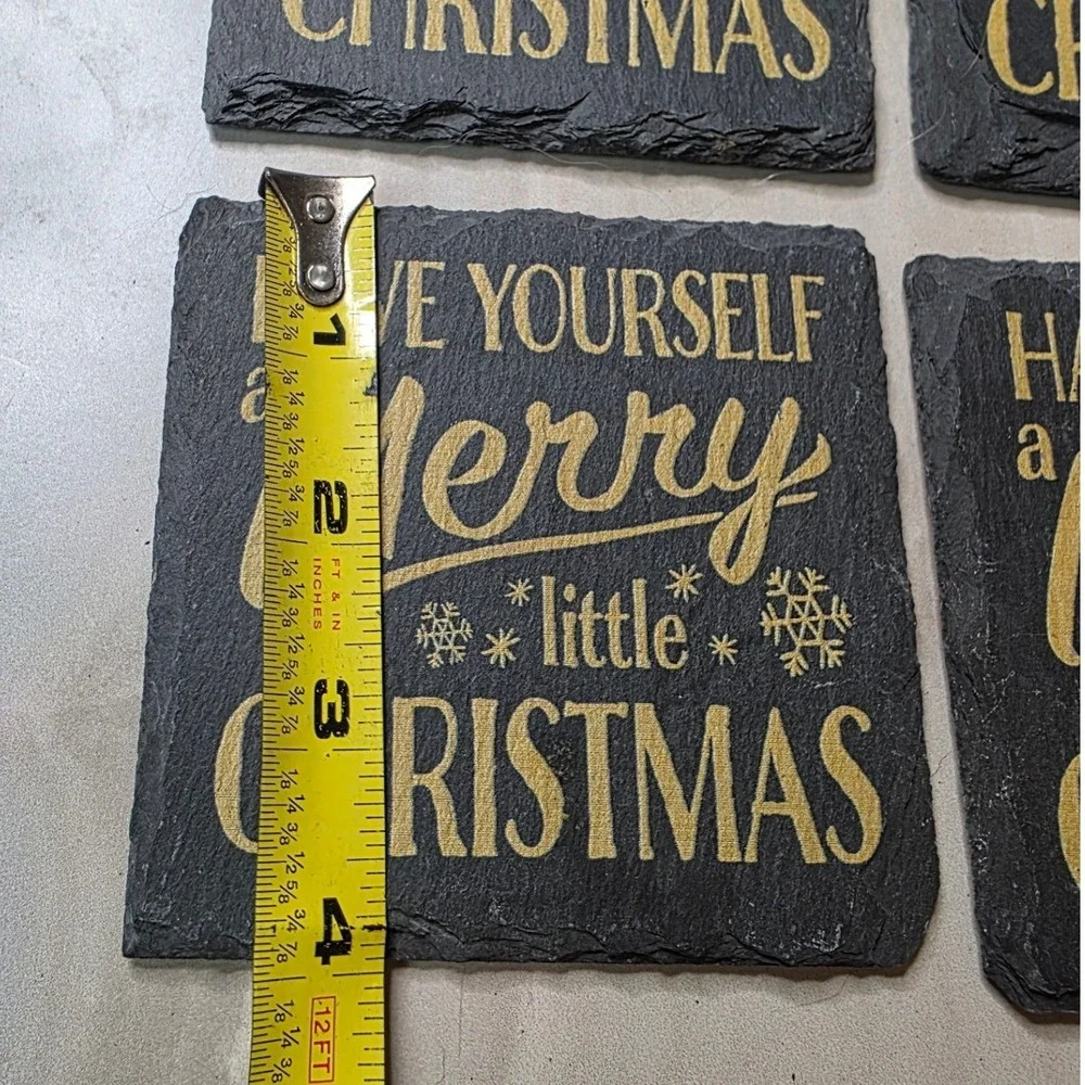 Merry Little Christmas Slate Coasters Set of 4 Black Gold Holiday Decor 4x4 G3